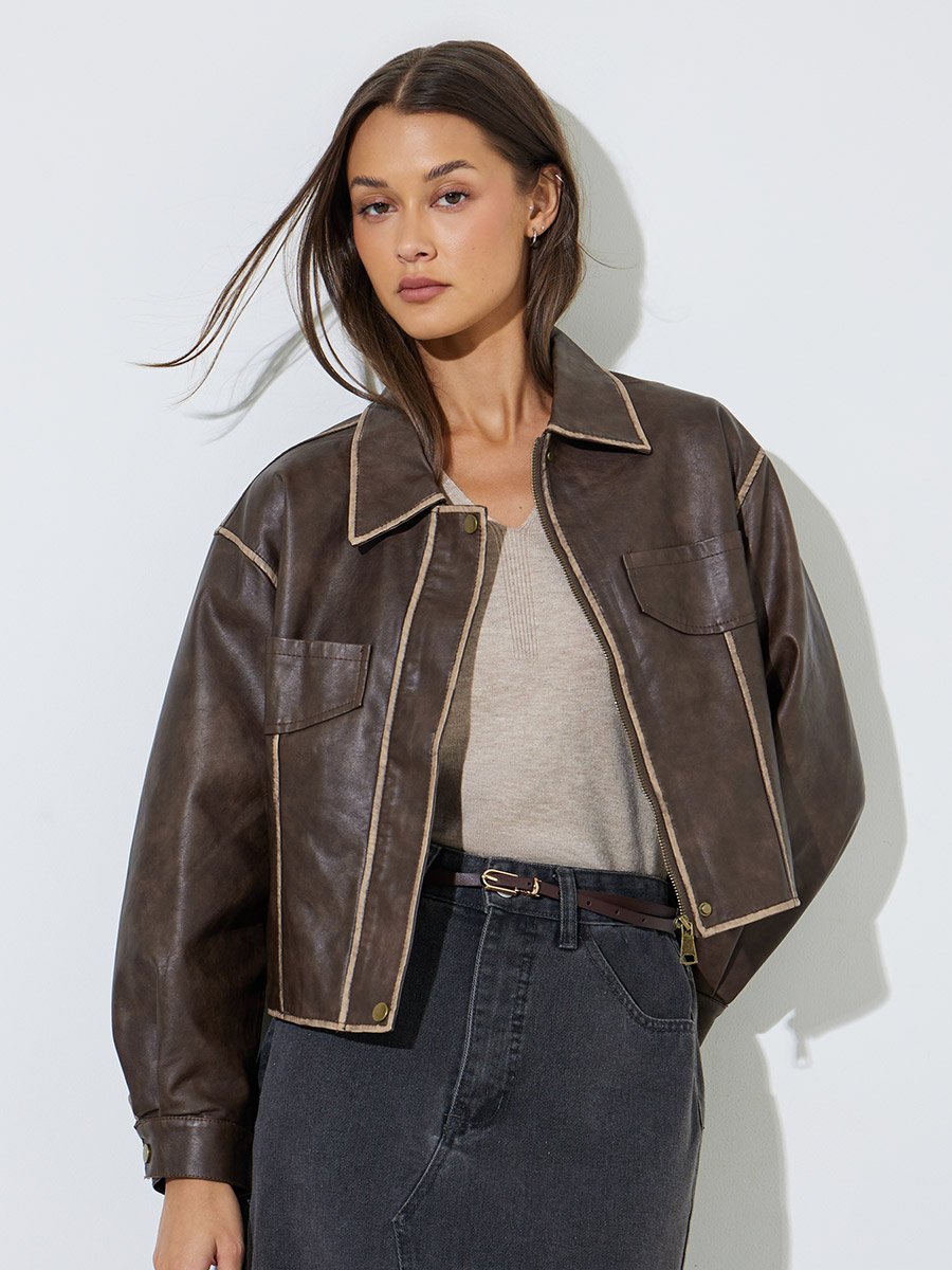 Coffee Brown Contrast Trims Bomber Jacket