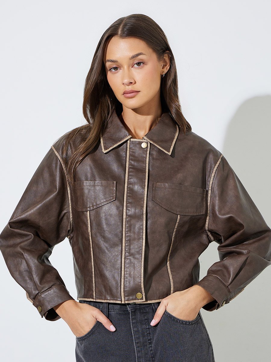 Coffee Brown Contrast Trims Bomber Jacket