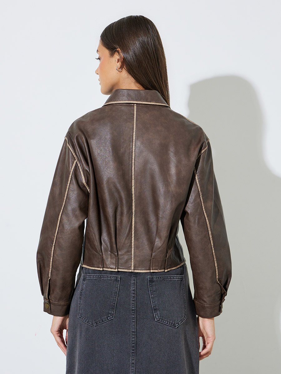 Coffee Brown Contrast Trims Bomber Jacket