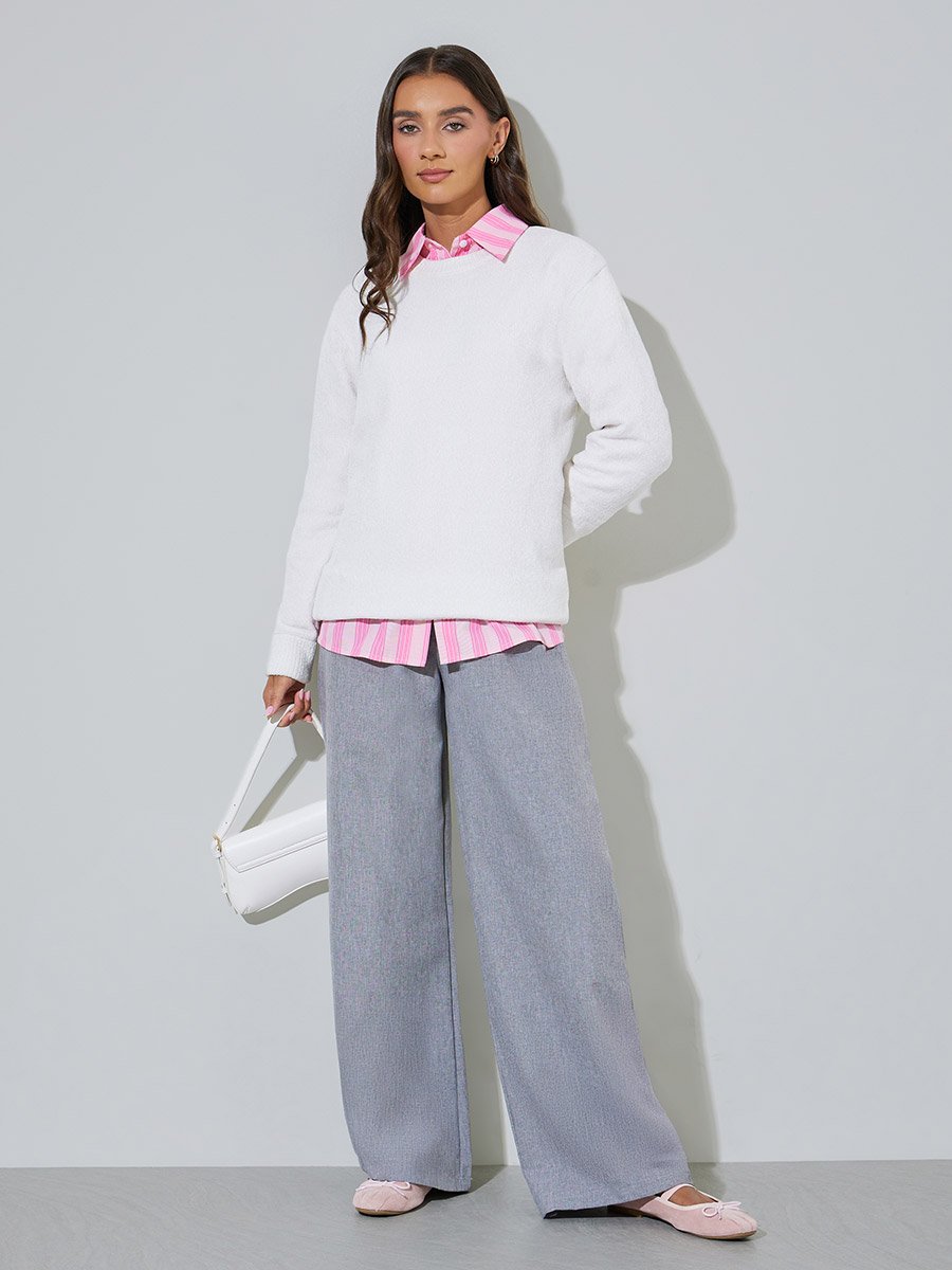 Off White Solid Long Sleeves Regular Fit Sweater