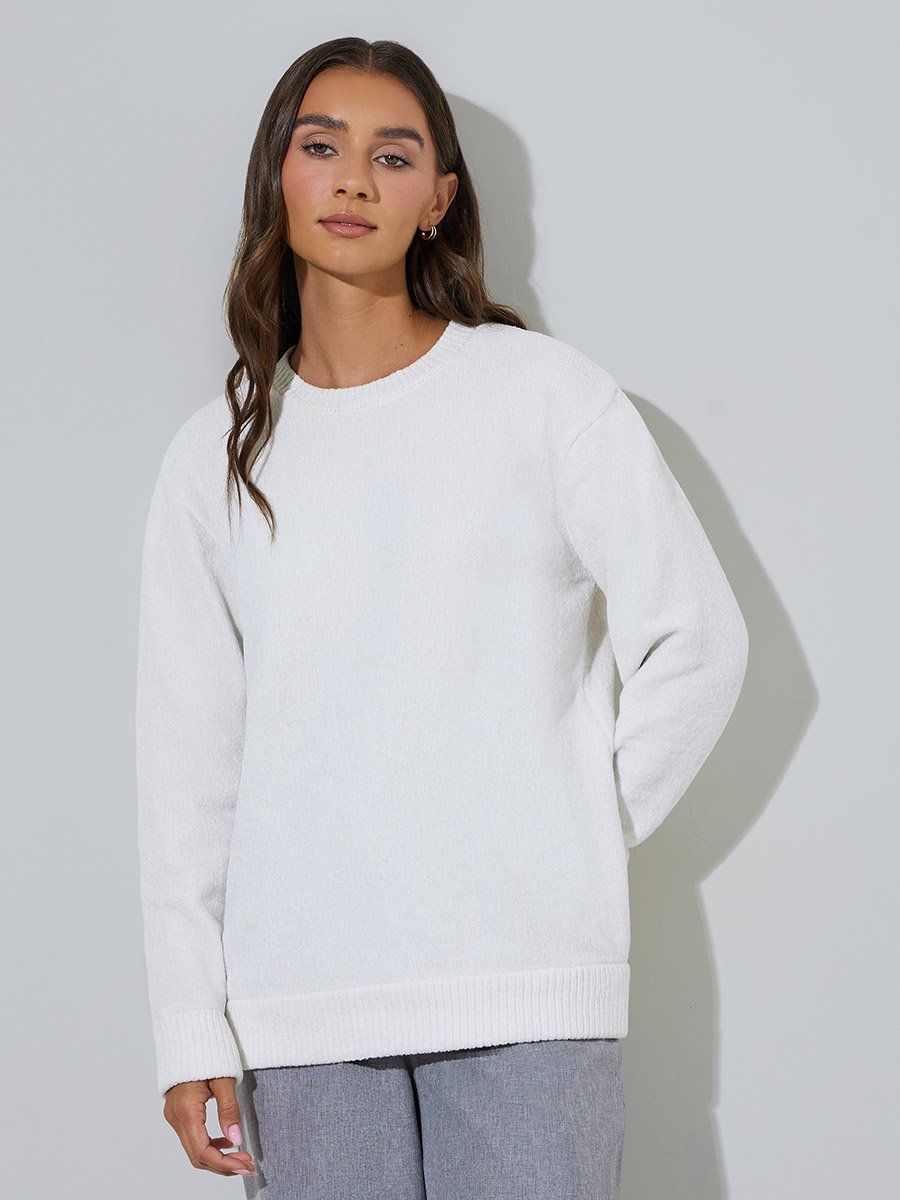 Off White Solid Long Sleeves Regular Fit Sweater