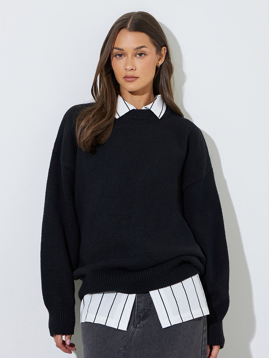 Black Solid Round Neck Regular Fit Sweater