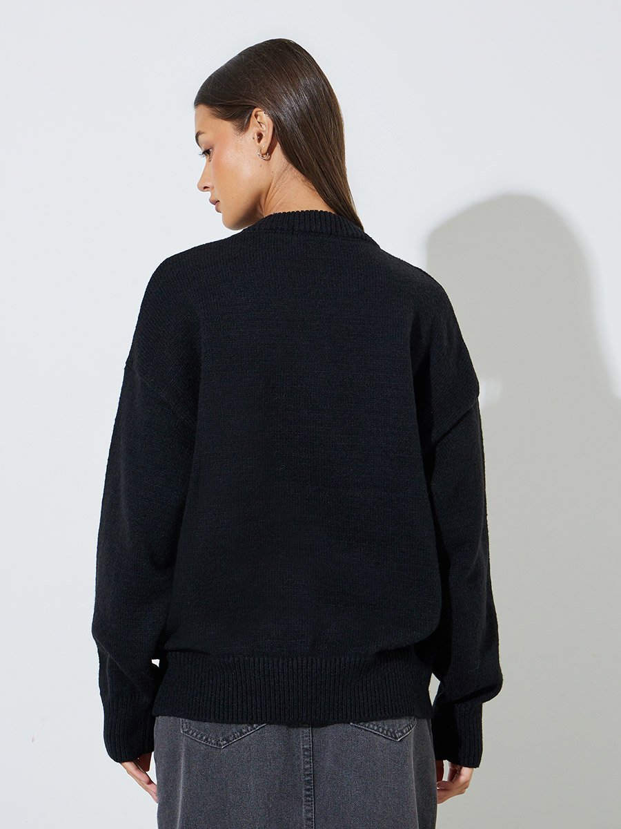 Black Solid Round Neck Regular Fit Sweater