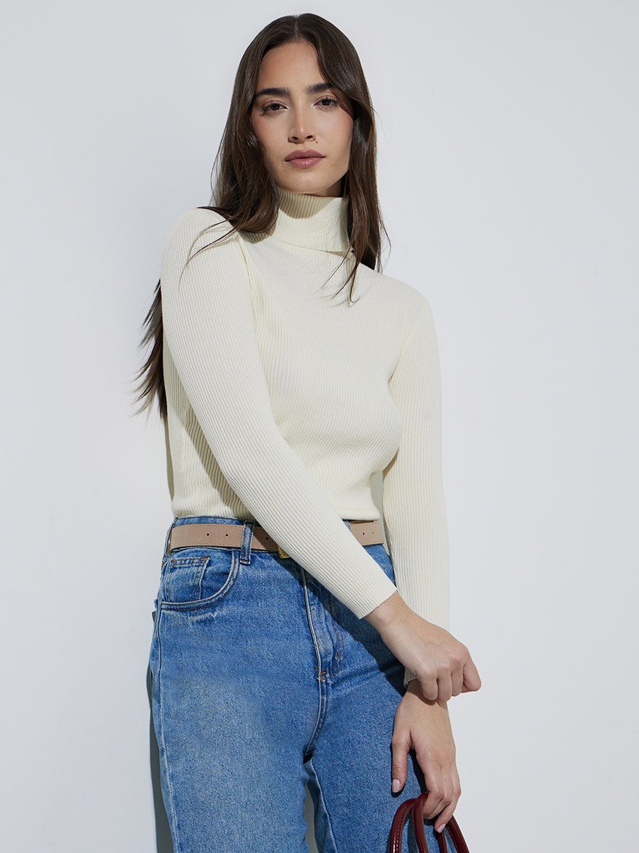Off White Regular Fit Turtle Neck Plain Sweater