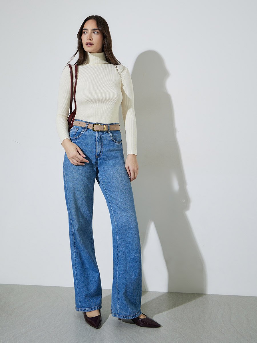 Off White Regular Fit Turtle Neck Plain Sweater