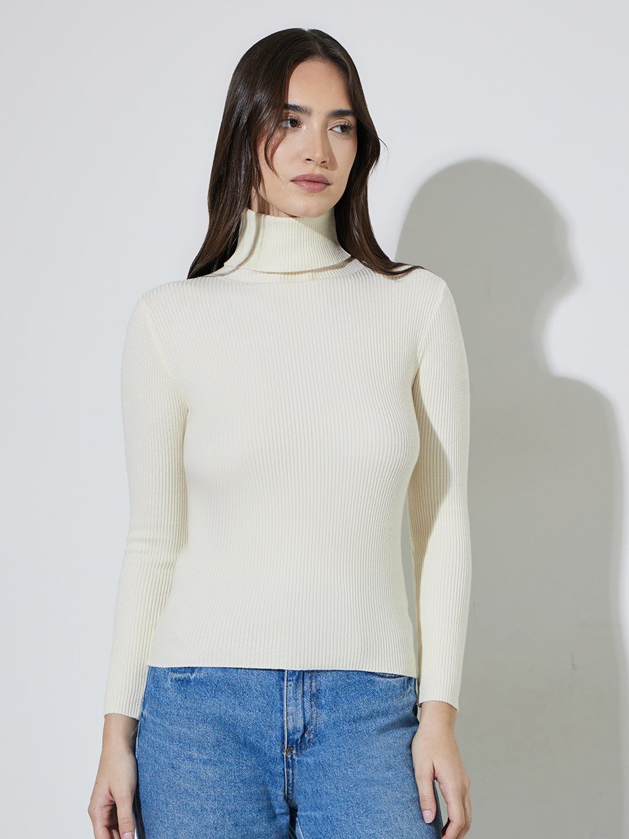 Off White Regular Fit Turtle Neck Plain Sweater