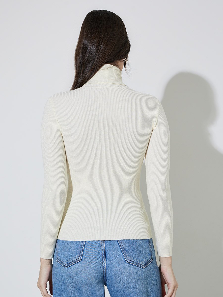 Off White Regular Fit Turtle Neck Plain Sweater