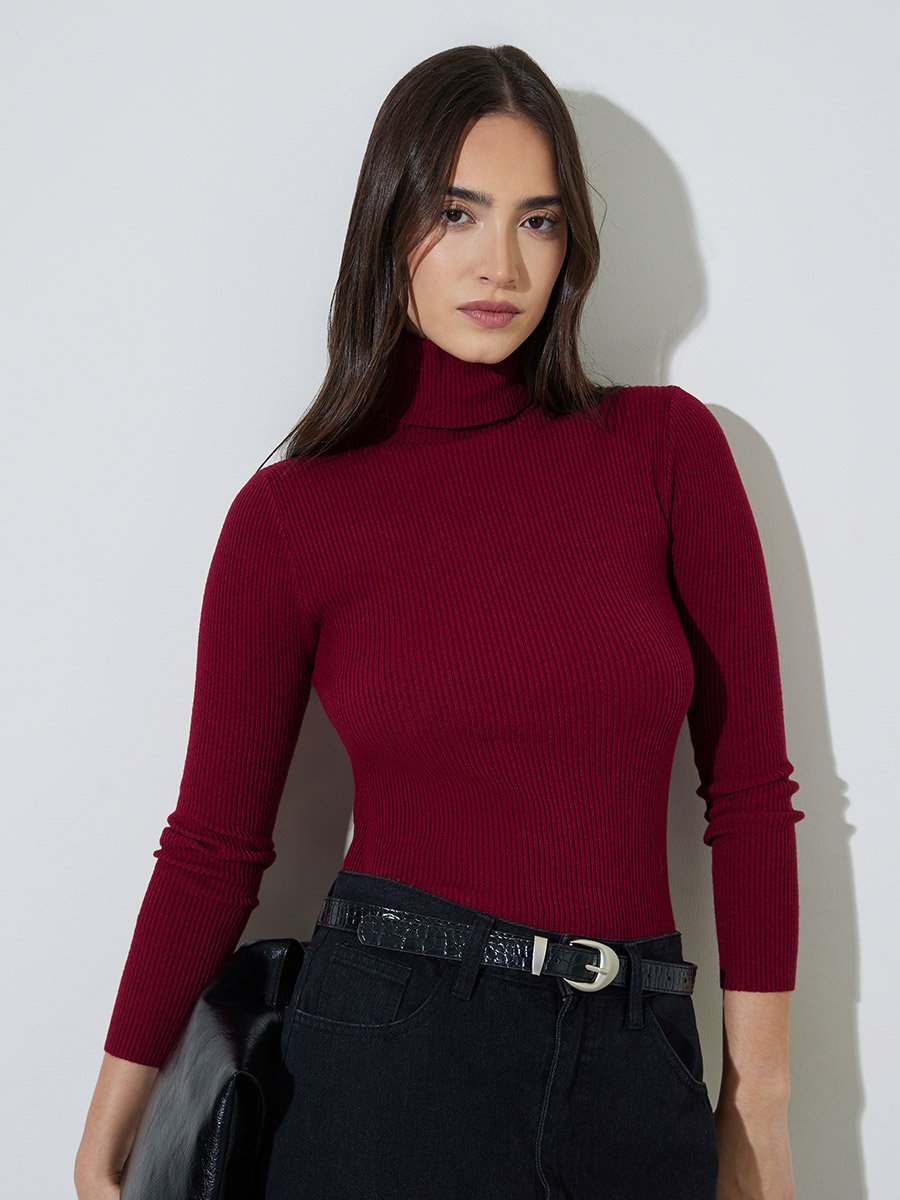 Red Regular Fit Turtle Neck Plain Sweater