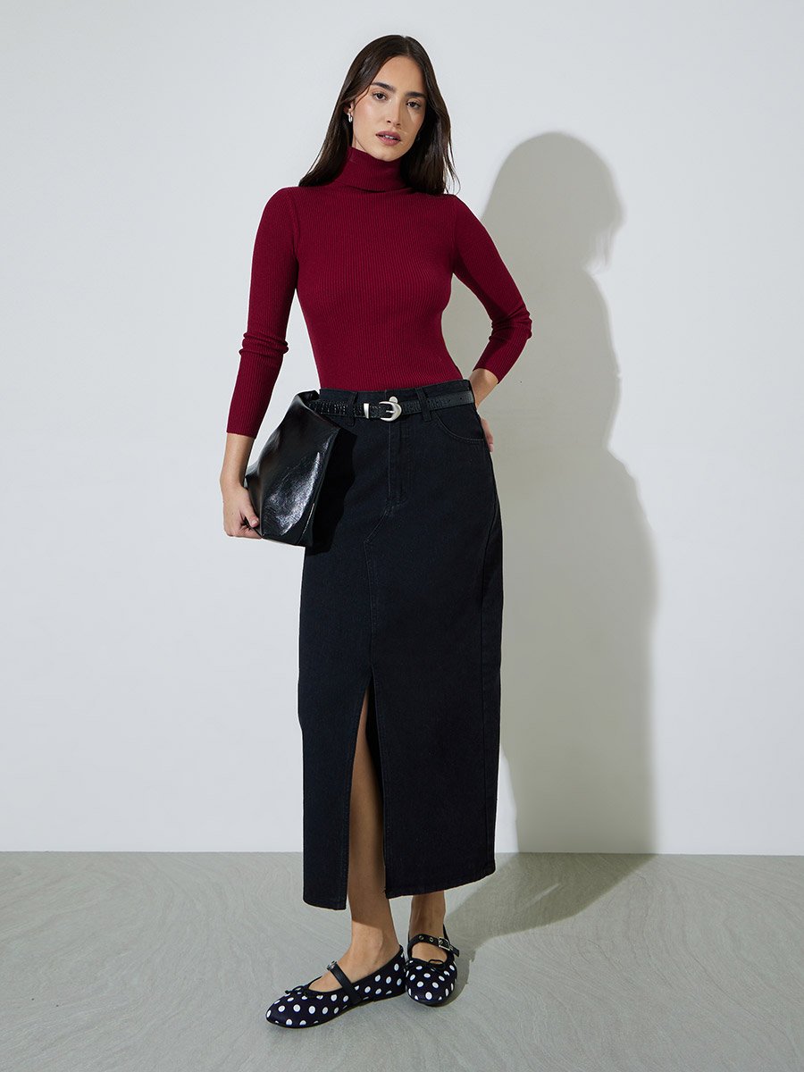 Red Regular Fit Turtle Neck Plain Sweater