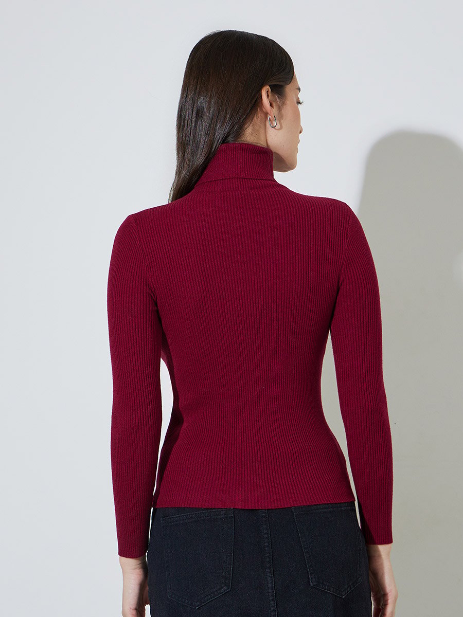Red Regular Fit Turtle Neck Plain Sweater