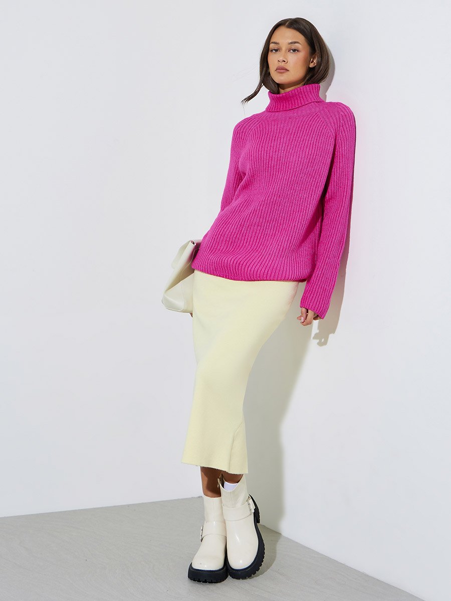 Pink Solid Turtle Neck Ribbed Sweater
