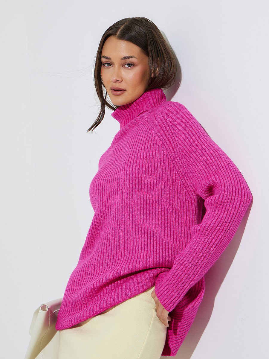 Pink Solid Turtle Neck Ribbed Sweater