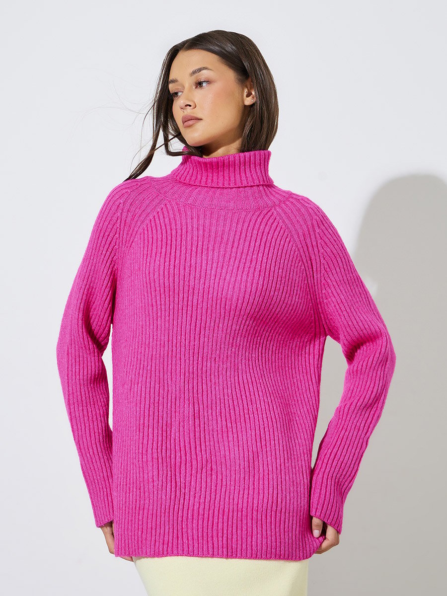 Pink Solid Turtle Neck Ribbed Sweater
