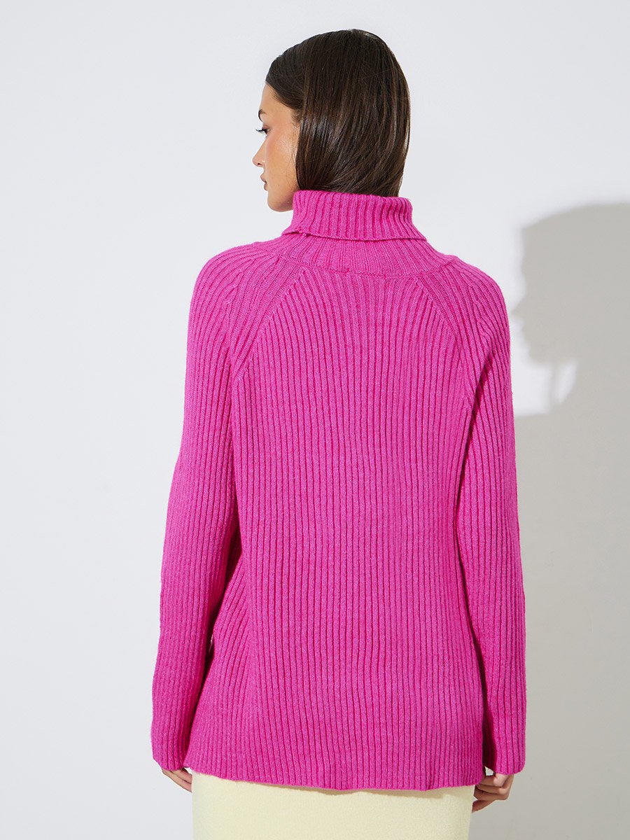 Pink Solid Turtle Neck Ribbed Sweater