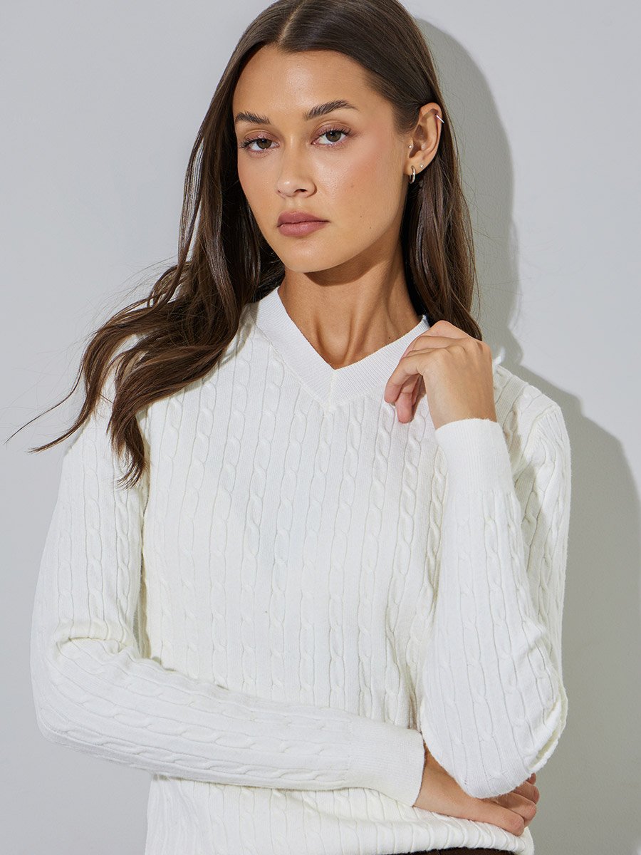 Off White Cable Knit V-Neck Sweater