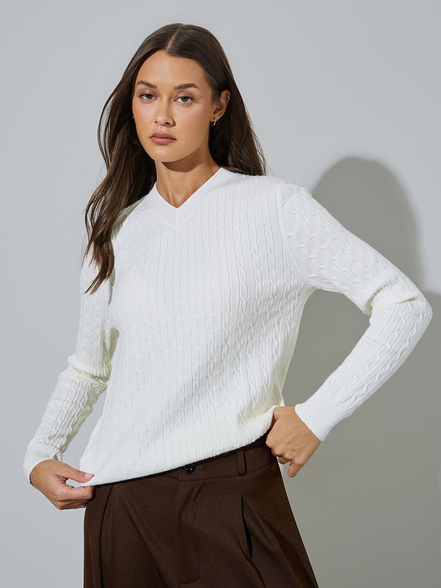 Off White Cable Knit V-Neck Sweater