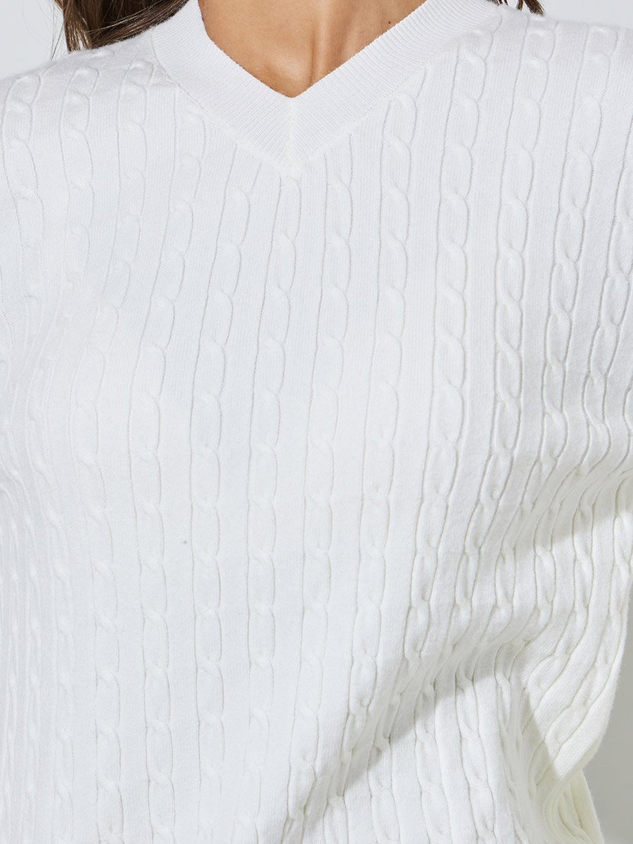 Off White Cable Knit V-Neck Sweater