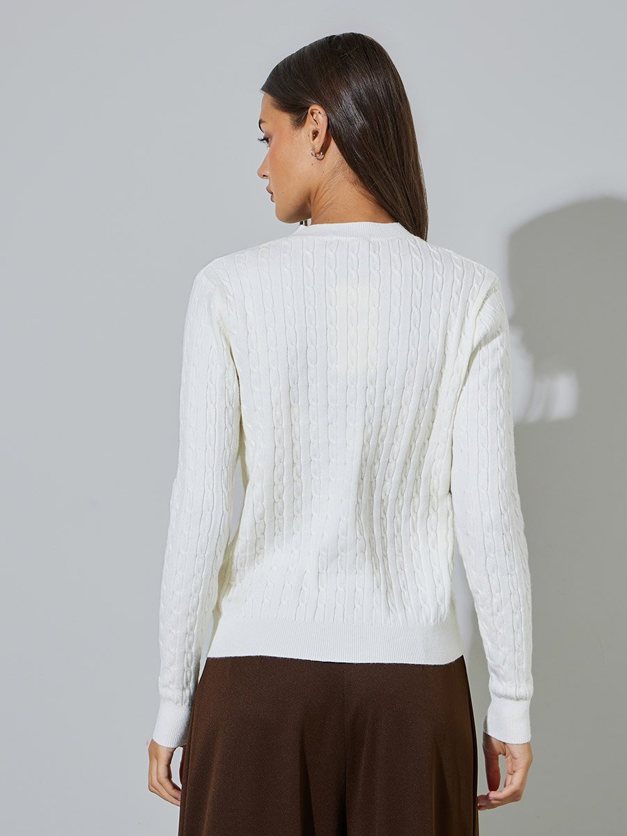Off White Cable Knit V-Neck Sweater