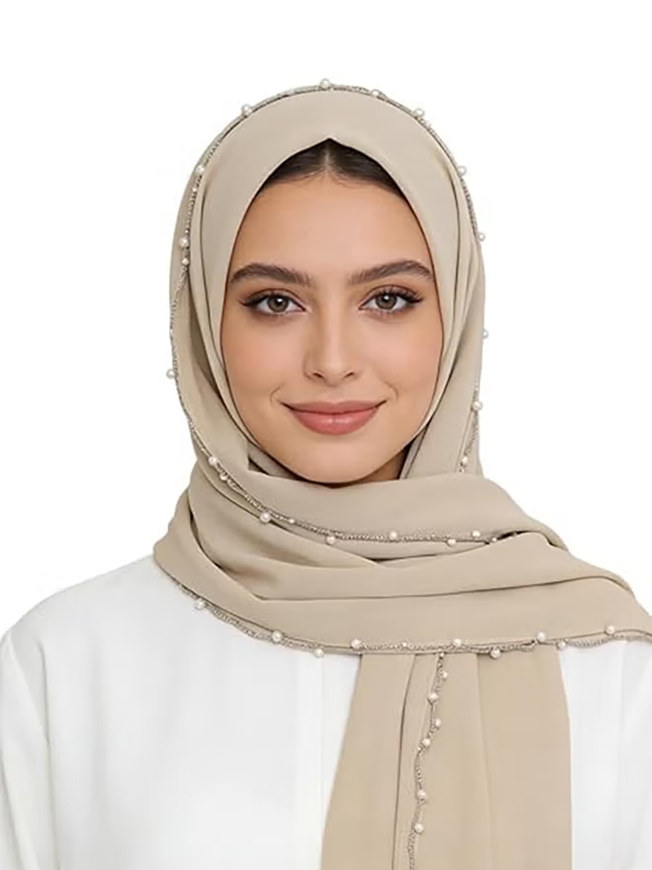 Beige Pearl-Embellished Chiffon Hijab