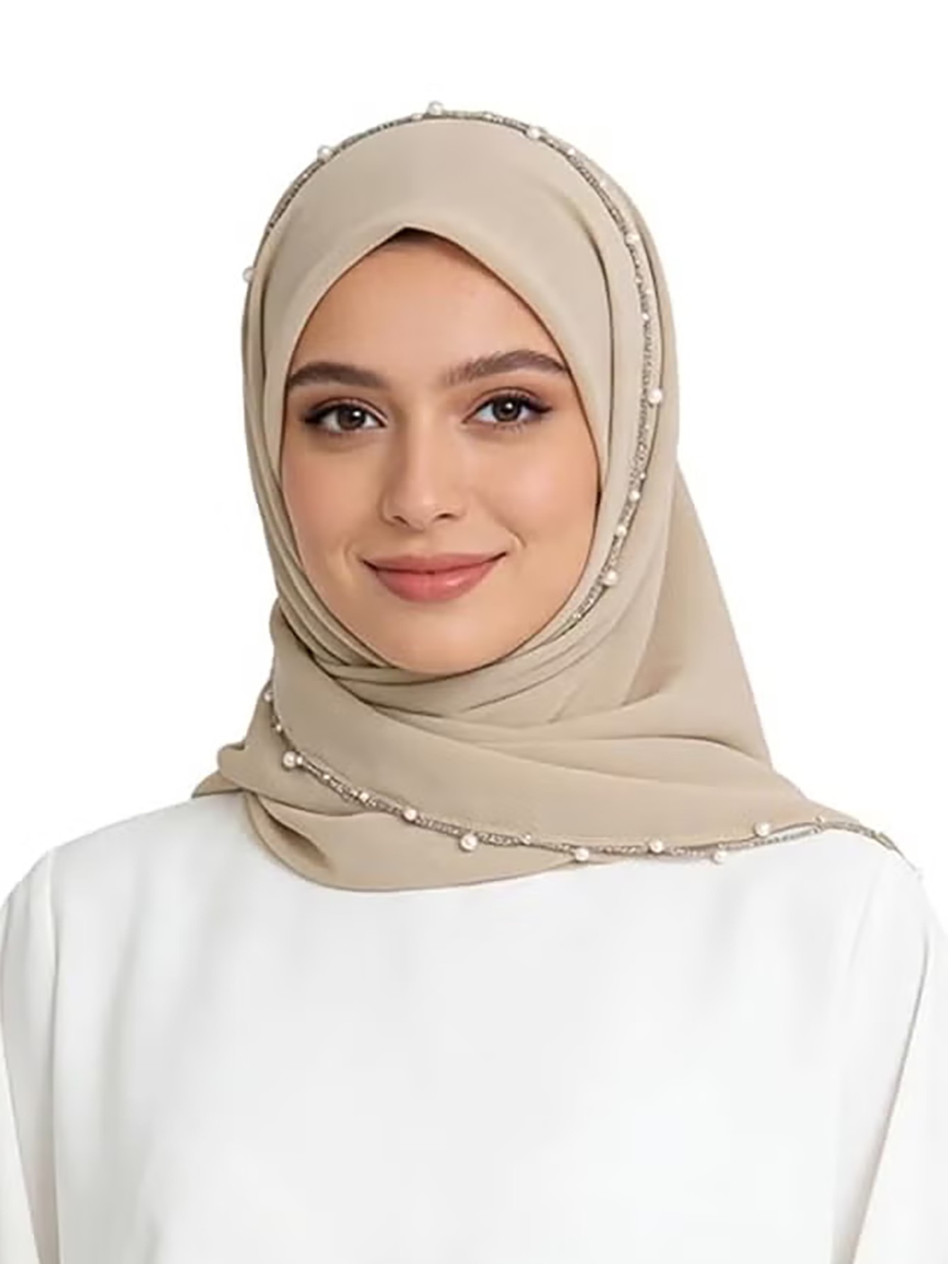 Beige Pearl-Embellished Chiffon Hijab