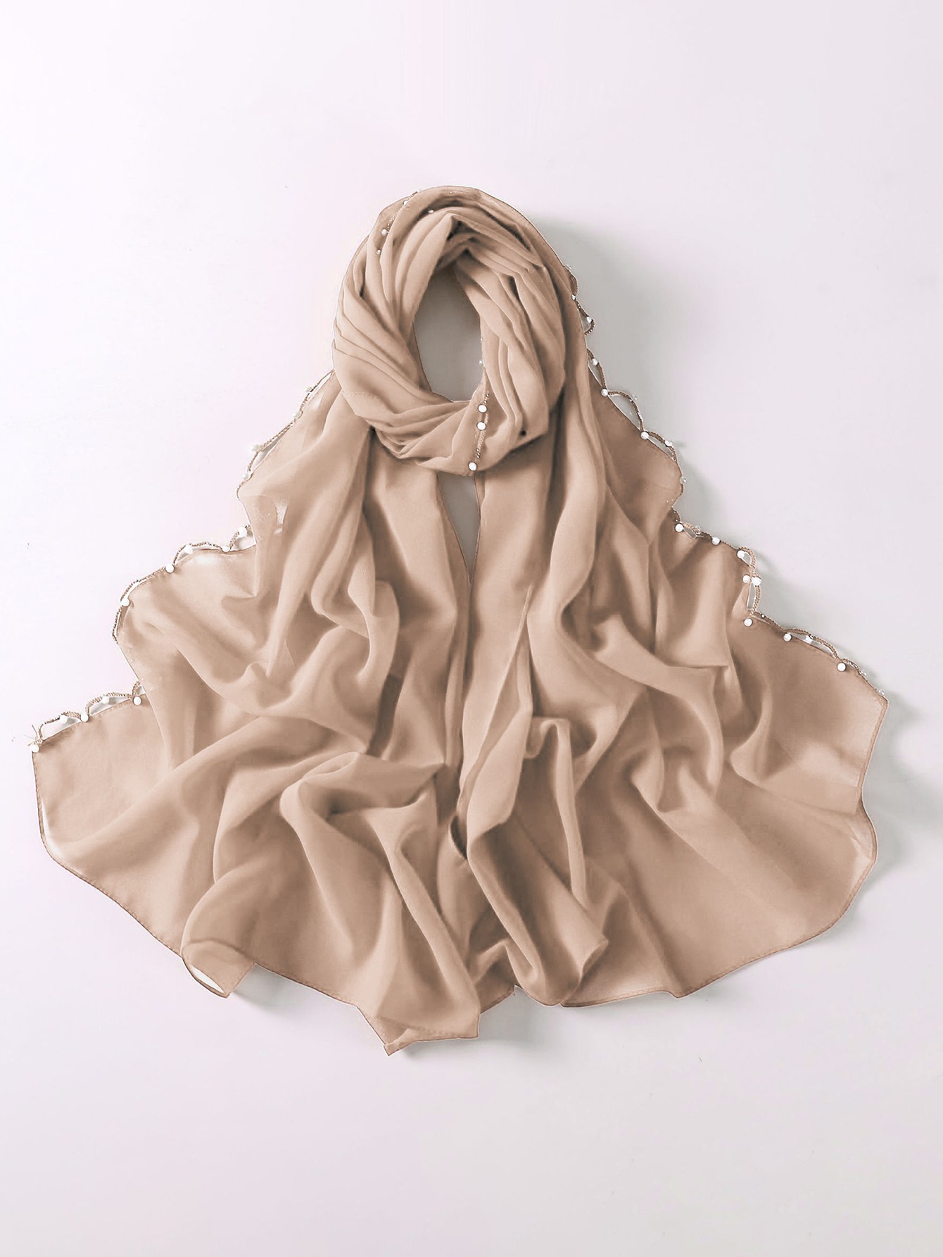 Beige Pearl-Embellished Chiffon Hijab