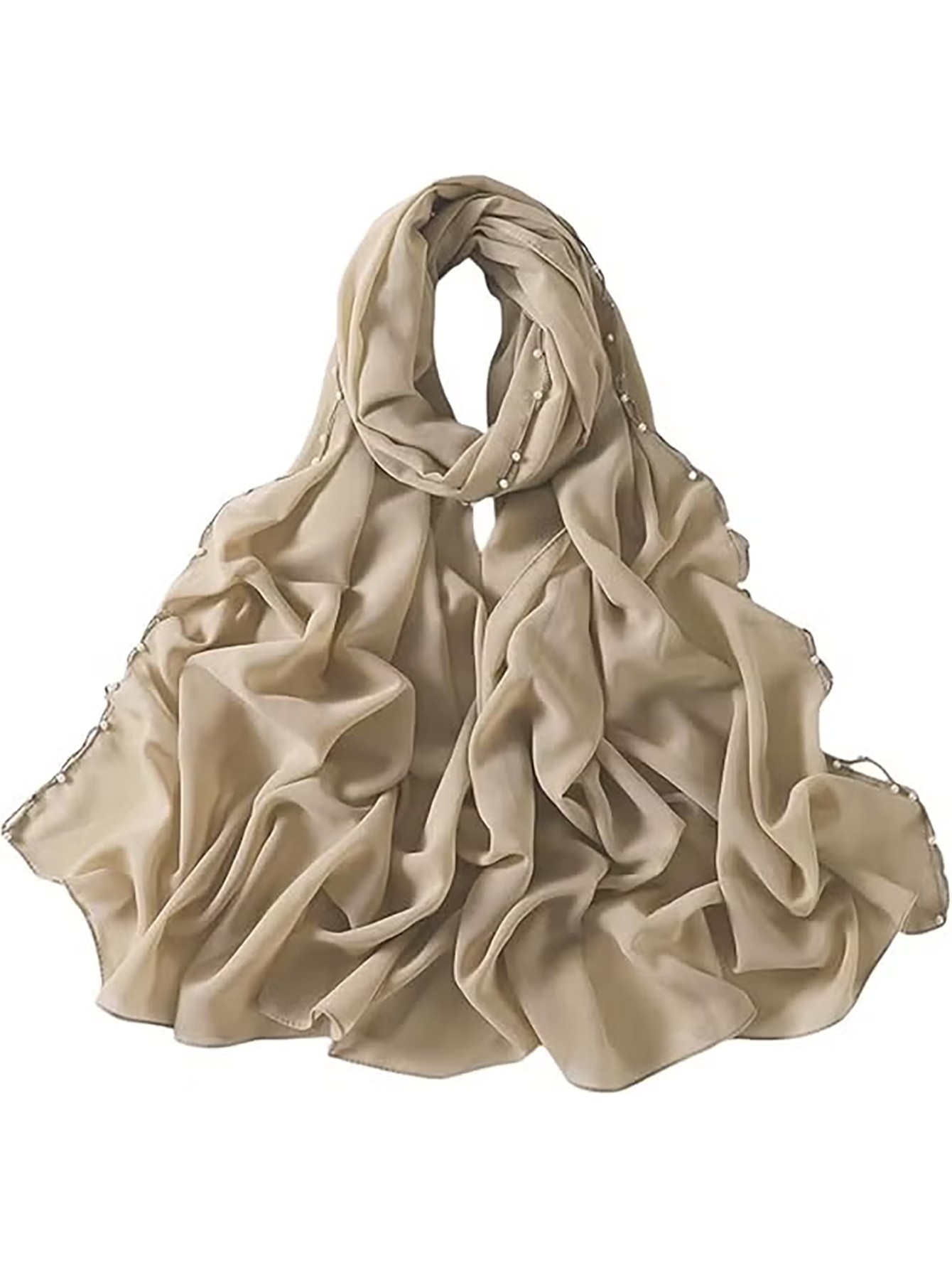 Beige Pearl-Embellished Chiffon Hijab