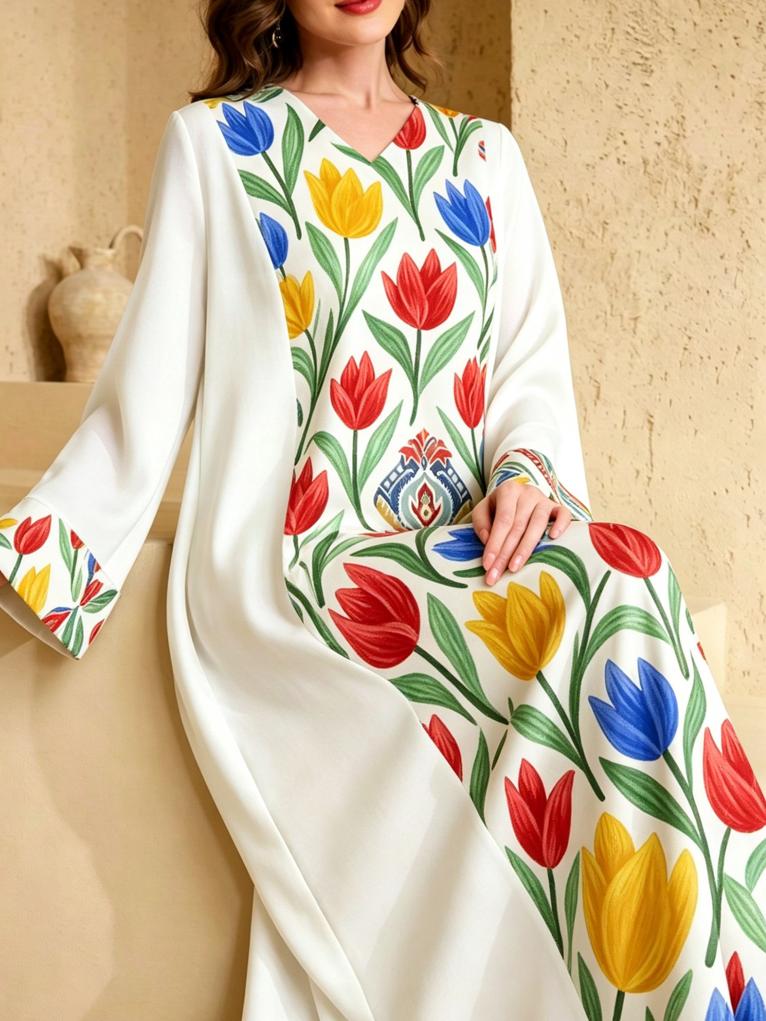 جلابية بطبعة زهور وأكمام طويلة