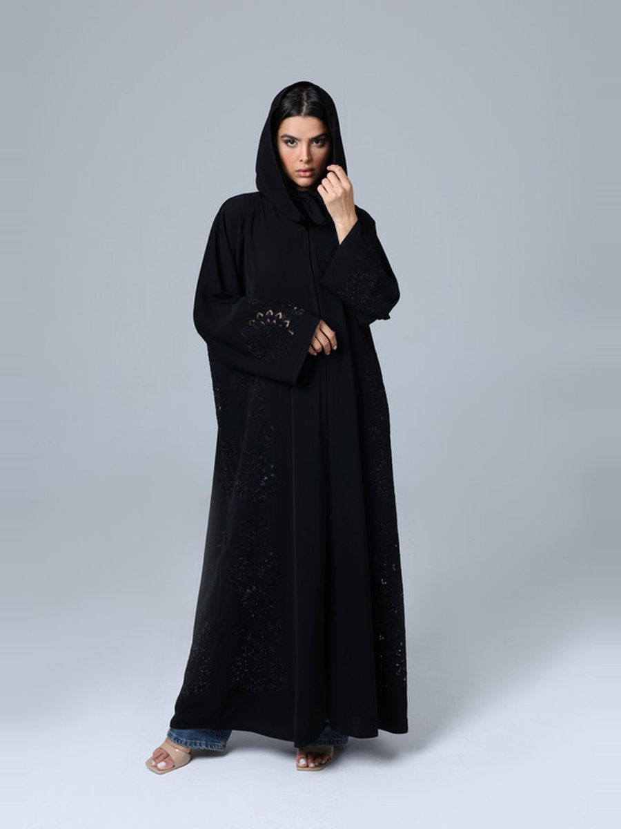 Black Crystal Filigree Flower Design Abaya