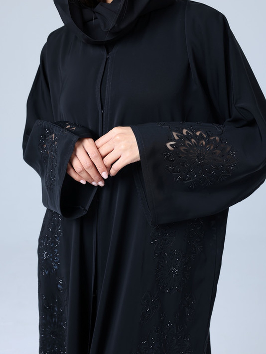 Black Crystal Filigree Flower Design Abaya