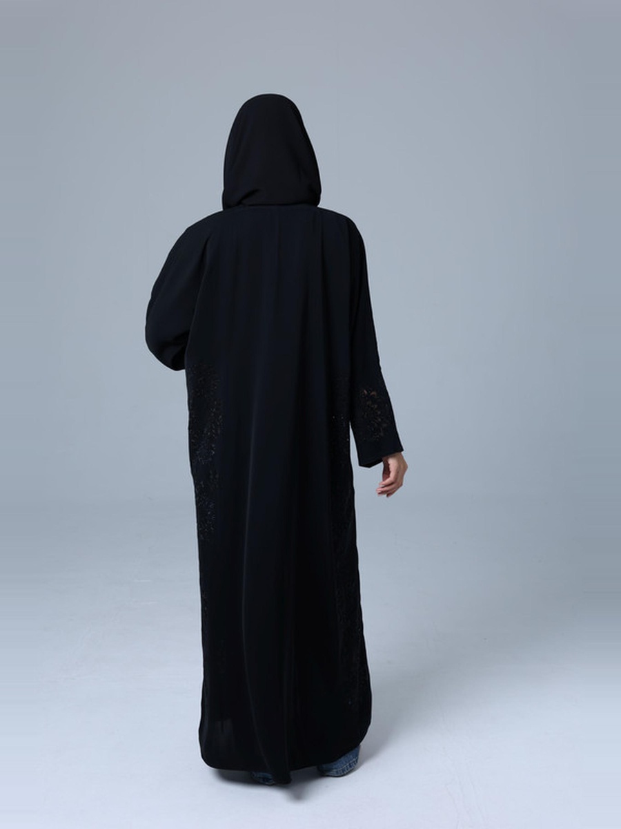 Black Crystal Filigree Flower Design Abaya
