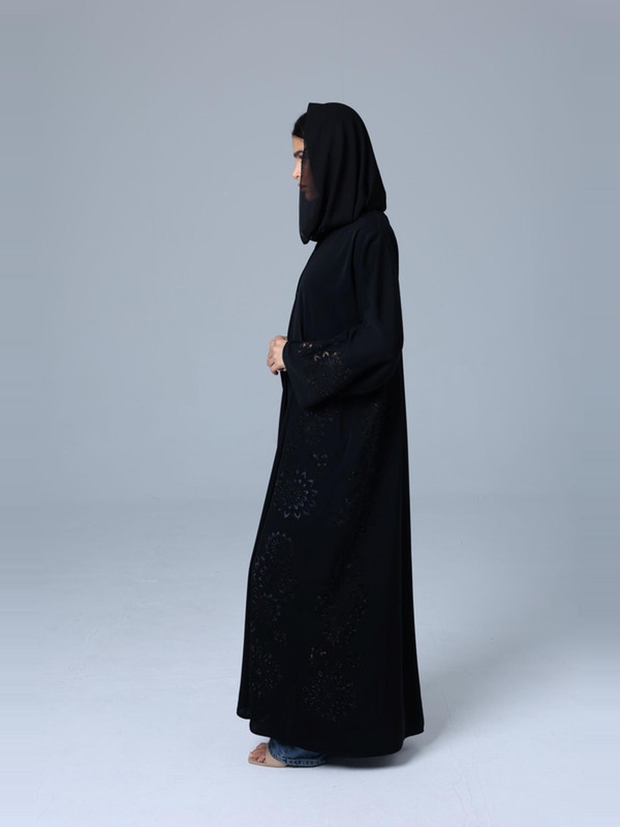 Black Crystal Filigree Flower Design Abaya