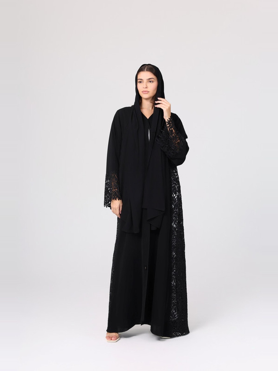 Black Lace Sleeves Layered Abaya