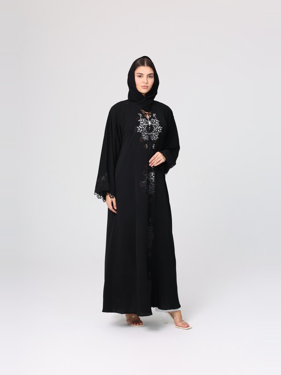 Black Floral Cut Front Abaya