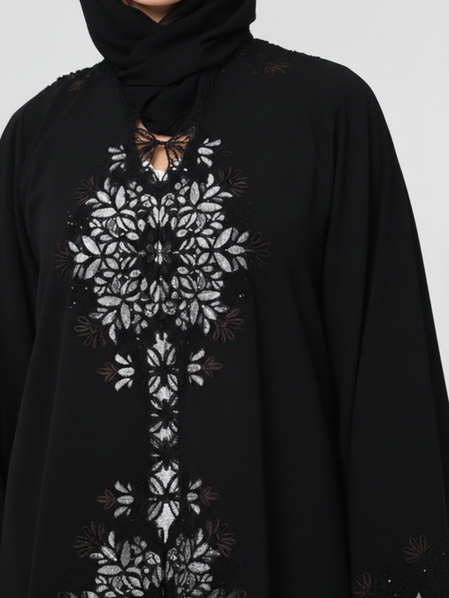 Black Floral Cut Front Abaya