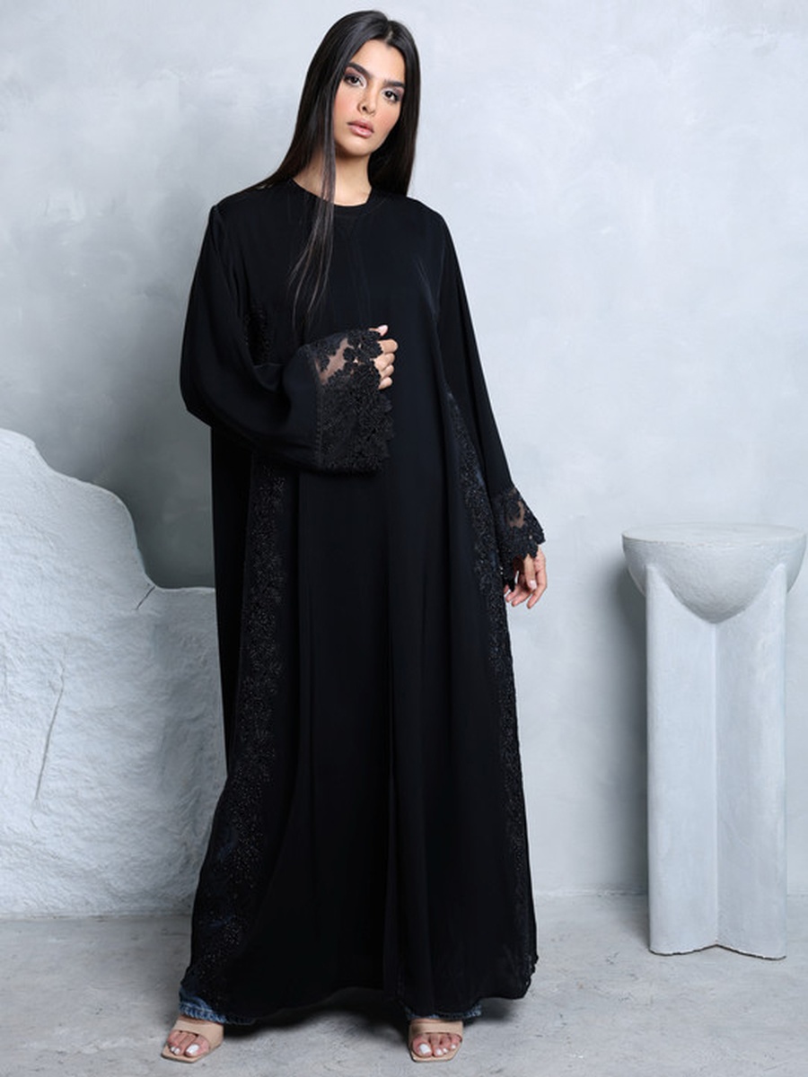 Black Crystal Lace Sleeve Abaya
