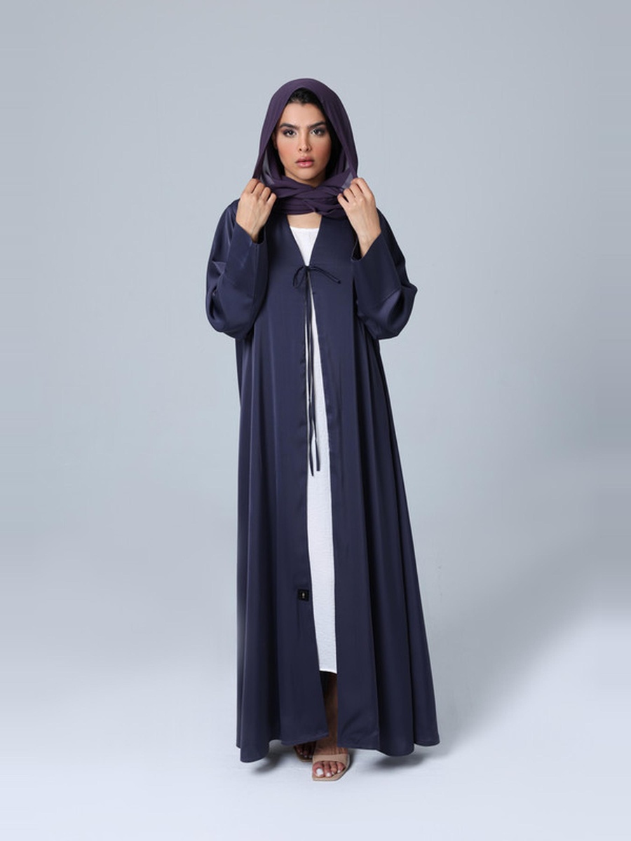 Dark Purple Open Front Tie Plain Abaya
