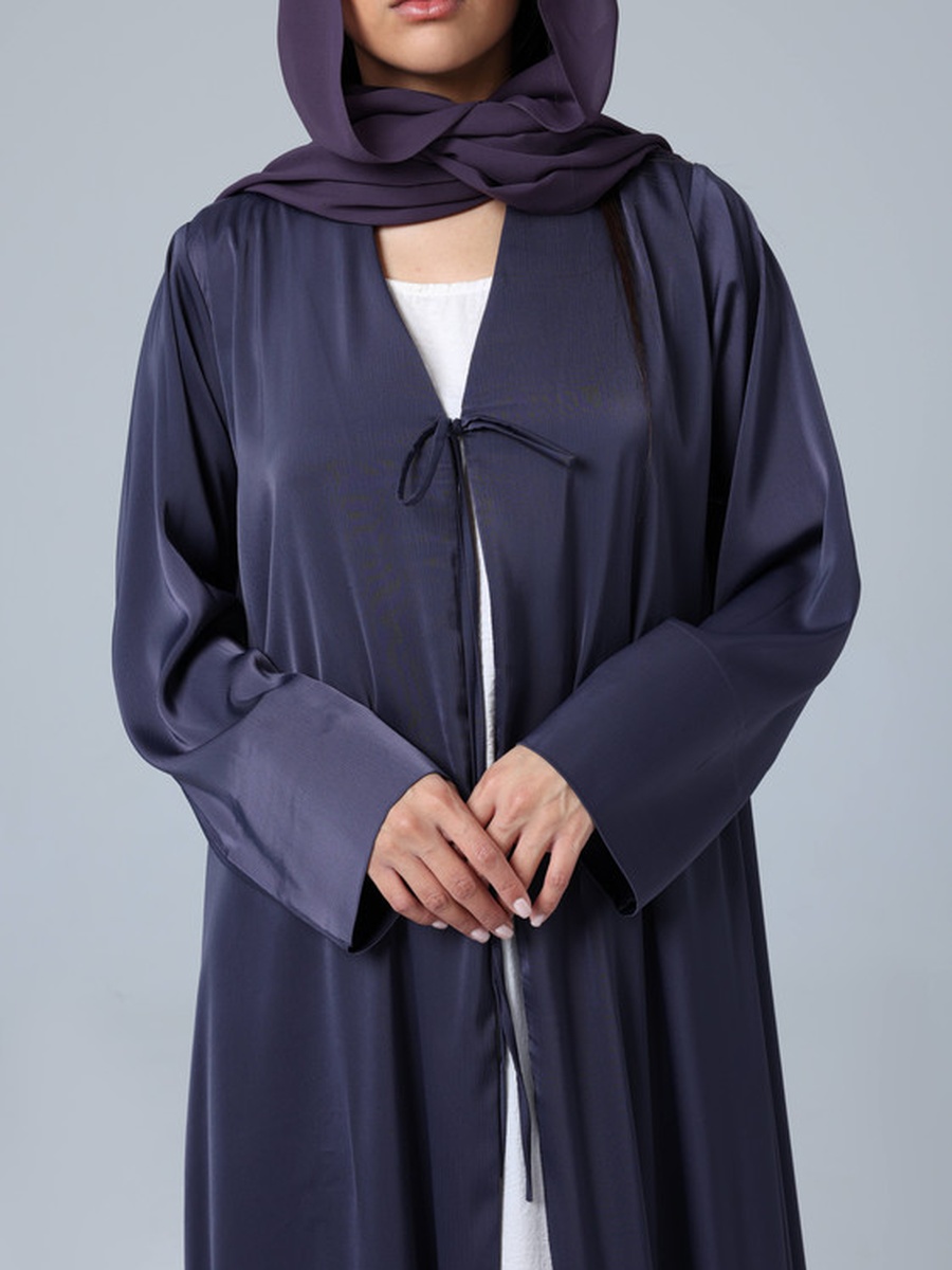 Dark Purple Open Front Tie Plain Abaya