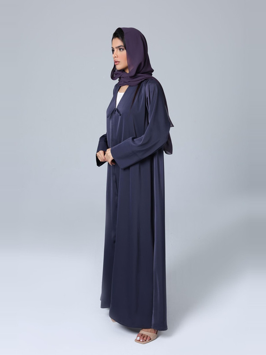 Dark Purple Open Front Tie Plain Abaya
