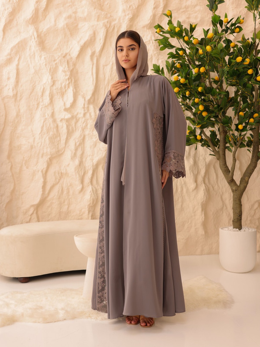 Grey Lace Insert Abaya with Snap Button
