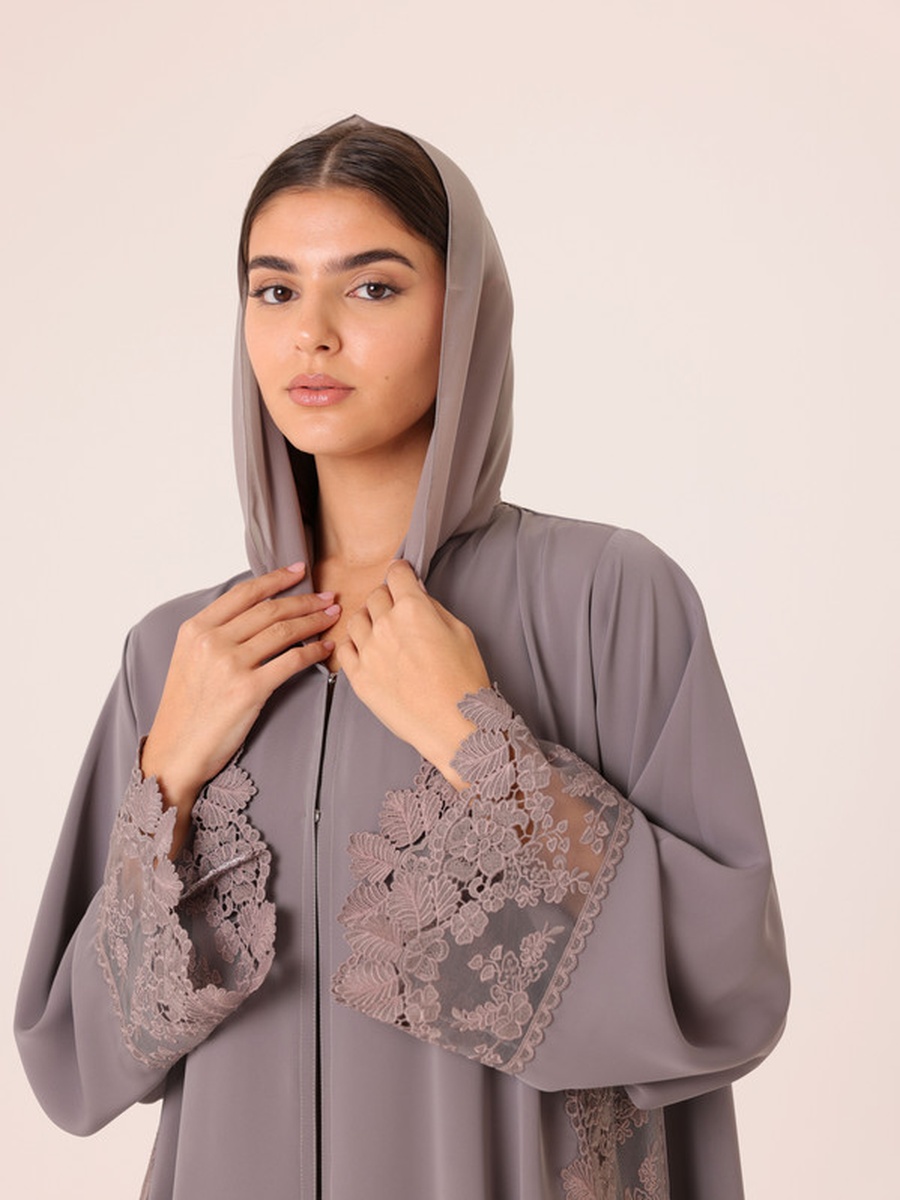 Grey Lace Insert Abaya with Snap Button