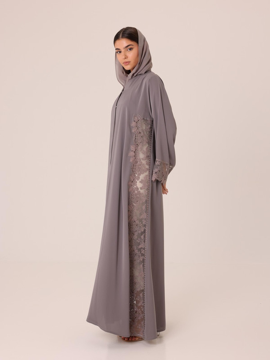 Grey Lace Insert Abaya with Snap Button