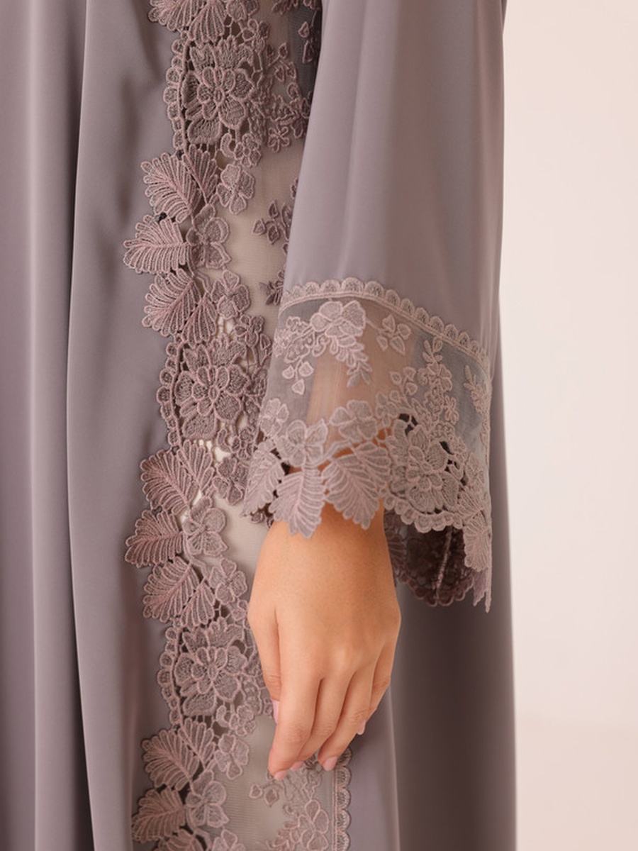 Grey Lace Insert Abaya with Snap Button