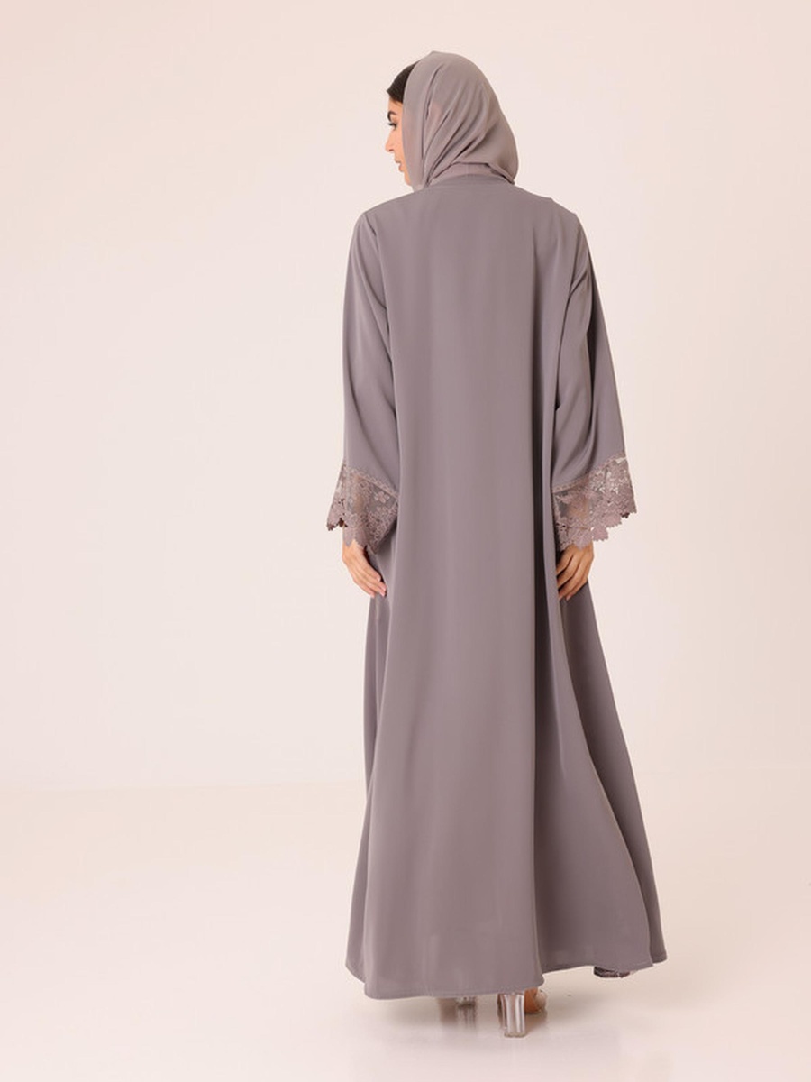 Grey Lace Insert Abaya with Snap Button