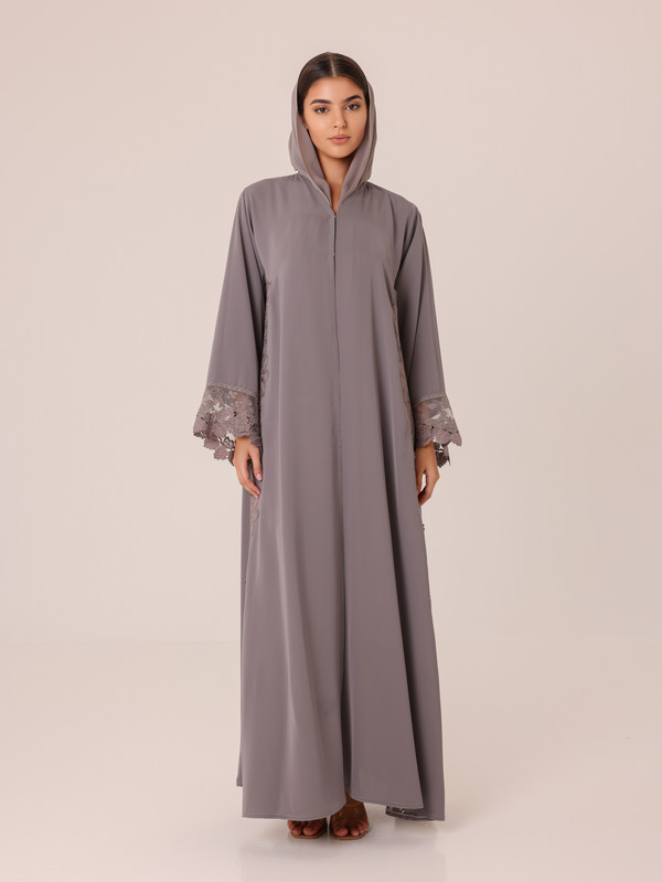 Grey Lace Insert Abaya with Snap Button