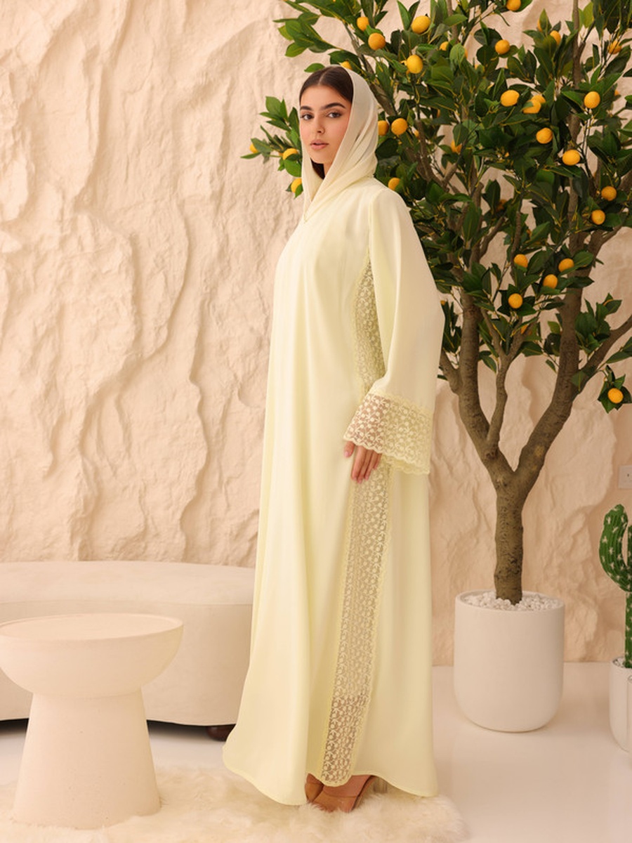 Yellow Lace Insert Abaya with Snap Button