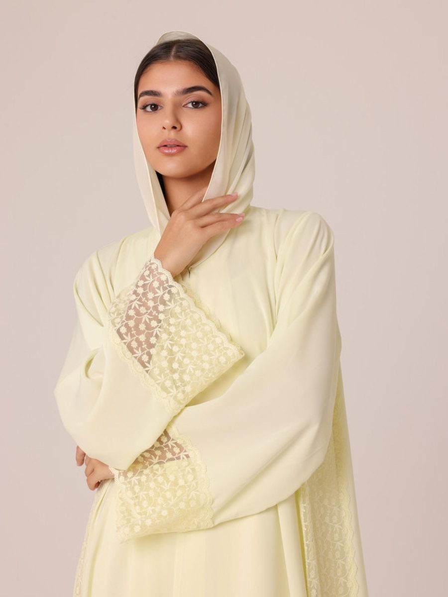 Yellow Lace Insert Abaya with Snap Button