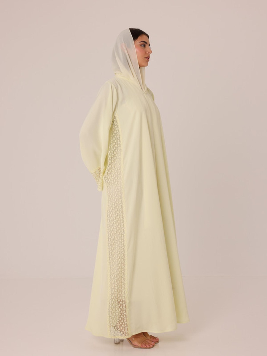 Yellow Lace Insert Abaya with Snap Button