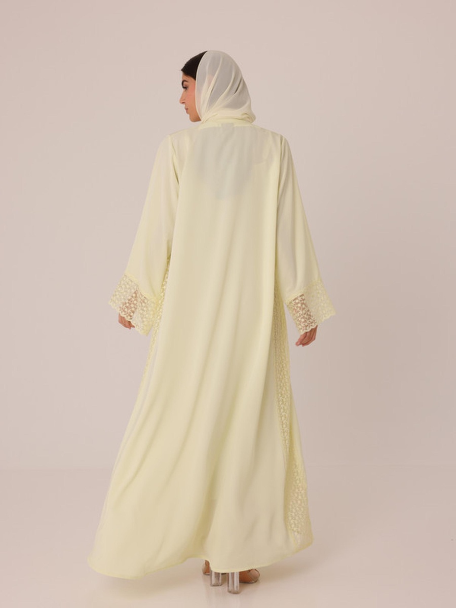 Yellow Lace Insert Abaya with Snap Button