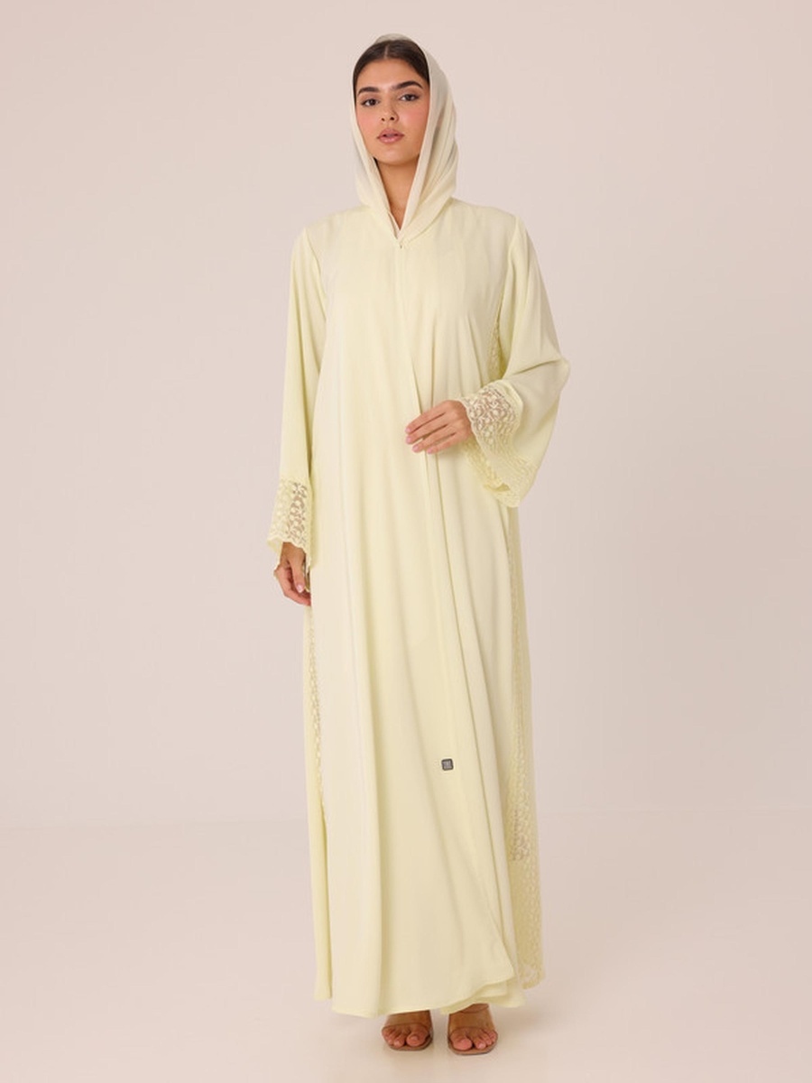 Yellow Lace Insert Abaya with Snap Button