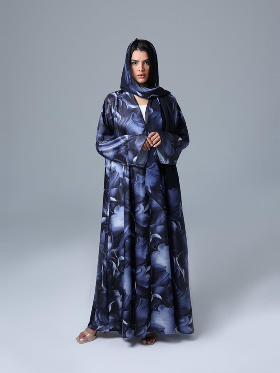 Blue Floral Print Haze Abaya